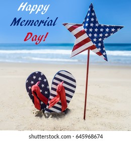 Memorial Day Background With Flip Flops On The Sandy Beach, Square Format