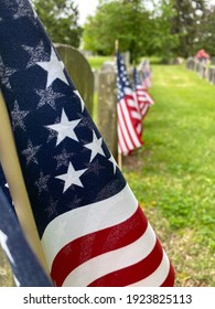 Memorial Day Flags In Cemetery At Veterans Graveside. 