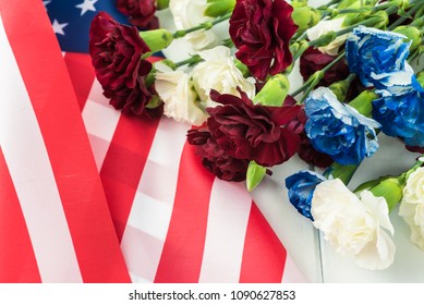 Memorial Day Greeting Card With American Flag And Flowers.