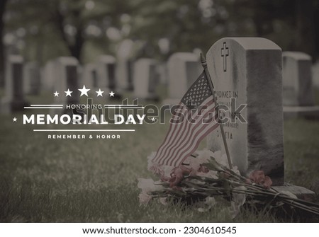 Memorial Day - Remember and Honor Banner post template with US flag and flowers at cemetery