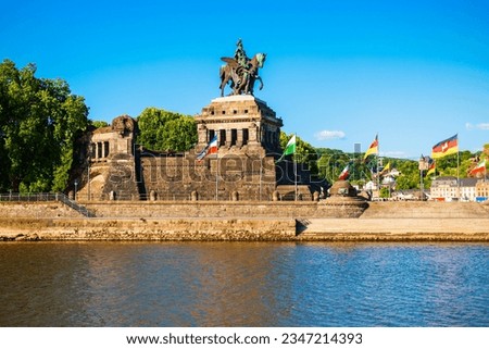 Memorial of German Unity at Deutsches Eck in Koblenz. Koblenz is a city on the Rhine, joined by the Moselle river.