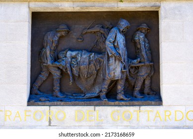 Memorial For The Killed Construction Workers Of The First Railway Tunnel Through The Gotthard Mountains At Village Of Airolo On A Sunny Summer Day. Photo Taken June 25th, 2022, Airolo, Switzerland.