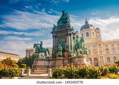 Memorial Monument Of Empress Maria Theresa, Flowers And Direct Light In Vienna, Austria