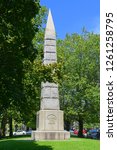 Memorial monument on Concord Monument Square in historic town center Concord, Massachusetts, USA.