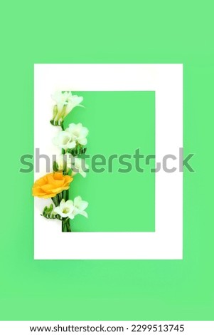Memorial RIP background border. Rose freesia flower on white frame on green. Funeral invitation or order of service minimal composition. Condolence, mourning sorrow concept.