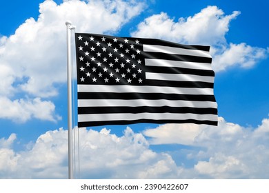 Memorial USA flag. A black and white USA flagpole, waving in the wind, clouds sky background. High quality fabric