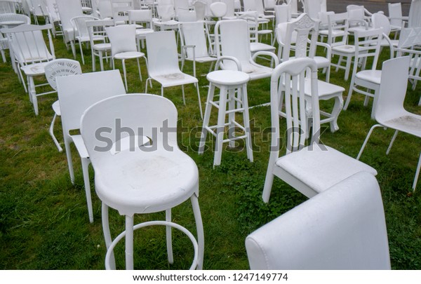 Memorial White Chairs Earthquake Affected City Stock Photo Edit