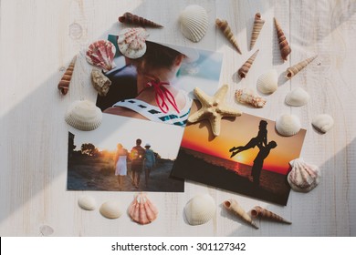 Memories Summer Photography Decorated With Shells. Top View.