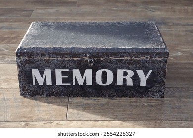 A memory box on the floor. Looking vintage and worn. Containing memories of celebrations, special occasions and events.