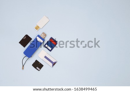 Memory card, Sd and micro sd cards with elements and light blue background
