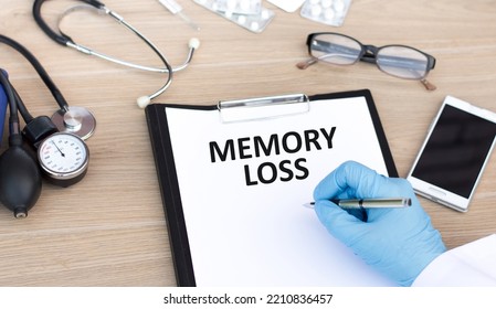 MEMORY LOSS Card In Hands Of Medical Doctor. Doctor's Hands A Sheet Of Paper With Text MEMORY LOSS, Medical Concept.