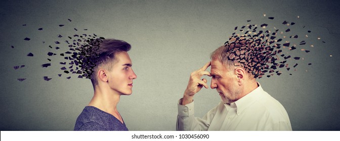 Memory Loss Due To Dementia Or Brain Damage. Side Profile Of Young And Senior Men Losing Parts Of Head As Symbol Of Decreased Mind Function.