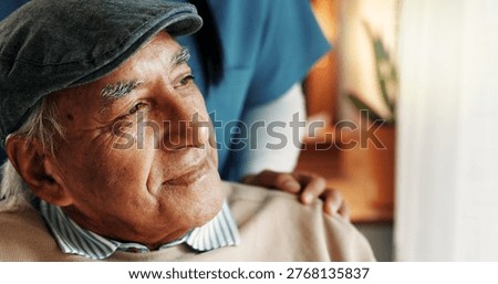 Memory, reflection and thinking with old man in nursing home, elderly care or wellness. Ideas, nostalgia and senior patient in retirement with nurse for health, assisted living or medical insurance