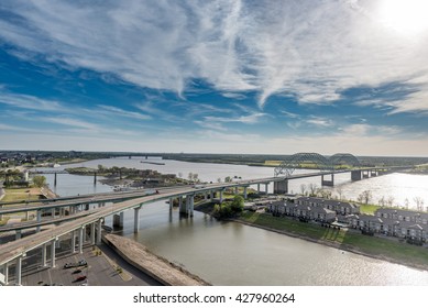 MEMPHIS, TENNESSEE - APRIL 09, 2016: Cityscape Of Memphis. Mississippi River And Hernando De Soto Bridge