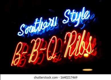 Memphis, Tennessee - December 31 2014: A Neon Sign For Southern Style Bbq Ribs On Beale Street.