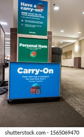 Memphis, Tennessee, USA - 11/2019:  Bag Sizer Outside Airport Terminal