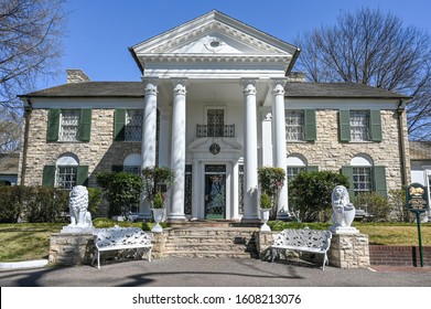 MEMPHIS, TENNESSEE, USA - MARCH 22, 2019: Graceland in Memphis. The mansion was built in 1939 but later bought by Elvis Presley who lived here from 1957 – 1977.