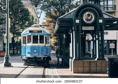 Memphis, Tennessee  USA - November 6 2020: The Main Street Trolley pulls into Jefferson Station on a sunny day in Memphis.