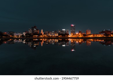 Memphis, TN - May 26th, 2019: Downtown Memphis Skyline Reflecting In Mud Island River Park Pool