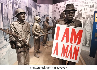 Memphis, TN, USA - June 9, 2017: I am A Man exhibit as part of the National Civil Rights Museum and the site of the Assassination of Dr. Martin Luther King Jr.