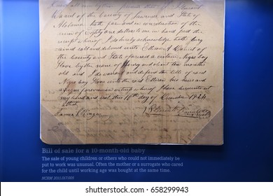 Memphis, TN, USA - June 9, 2017: Bill Of Sale For 10 Month Old Slave On Display At The National Civil Rights Museum And The Site Of The Assassination Of Dr. Martin Luther King Jr.