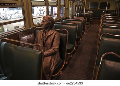 Memphis, TN, USA - June 9, 2017: Sculpture of Rosa Parks inside bus at the National Civil Rights Museum and the site of the Assassination of Dr. Martin Luther King Jr.
