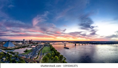 Memphis, TN / USA - Oct 20 2018: Aerial Panoramic View Of Memphis, TN, Including Bass Pro Shops At The Pyramid, Downtown, The Wolf River Canal, And The Hernando Desoto Bridge. 