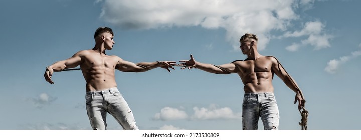 Men Arm, Salvation. Two Hands, Helping Arm Of A Friends, Teamwork. Rescue, Help Gesture Or Hands. Strong Hold. Power Arms, Friendship And Teamwork. Muscular Men Arms.