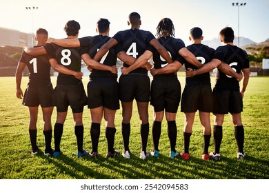 Men, back or rugby team standing in stadium for sports game, group or challenge on field together. Professional, ready or legs of players in line or row for respect, unity or tournament competition - Powered by Shutterstock