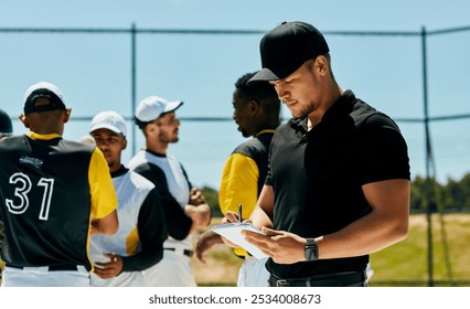 Men, baseball coach and writing with team for game plan, strategy or roster in match, tournament or competition. Young, group or players with trainer or referee taking notes of formation on pitch - Powered by Shutterstock