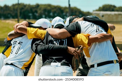 Men, baseball and huddle with team for sport, meeting or collaboration on grass field in nature. Group, players or male people in circle, unity or solidarity for game strategy or motivation on pitch - Powered by Shutterstock