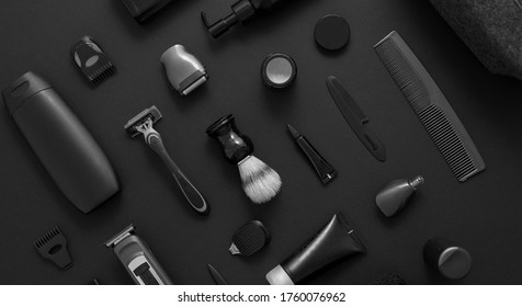 Men beauty and health concept. Various shaving and bauty care accessories placed on black background