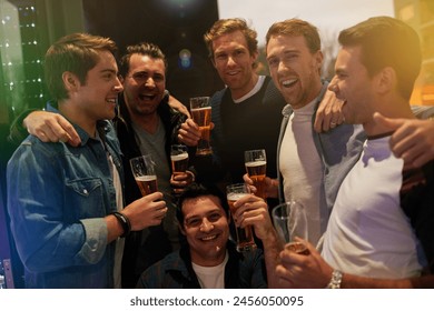 Men, beers and cheers with friends drinking at club, restaurant or party with happiness. People, alcohol and glasses at pub together for happy hour, conversation or gathering for celebration - Powered by Shutterstock