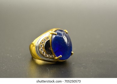 Men Big Blue Sapphire Ring , Gold Ring , With Diamond, Hat Shape