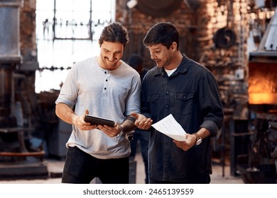 Men, blacksmith and tablet in workshop as team for research ideas, teamwork and collaboration. Small business, craft and welder with browsing internet for crafting app, growth and manufacturing - Powered by Shutterstock