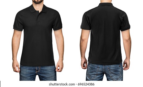 men in blank black polo shirt, front and back view, isolated white background. Design polo shirt, template and mockup for print.