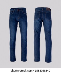 Men Blue Jeans Isolated On White Background, Front And Back View