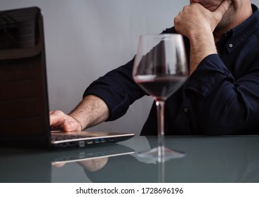 Men Calling By Video Chat His Friend And Drinking Wine With Him. Online Date, Meeting With Friend. Stay Home. Social Distance and Isolation - Powered by Shutterstock