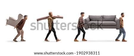 Men carrying sofa, carpet and armchair isolated on white background