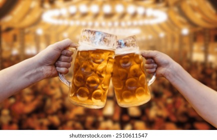 Men clinking mugs with beer during celebration of Oktoberfest outdoors, background.Cheers with beer and enjoy tradition.