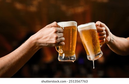 Men clinking mugs with beer during celebration of Oktoberfest outdoors party background.Cheers with beer and enjoy tradition.