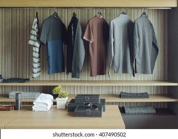 Men Cloths In Wooden Walk In Closet