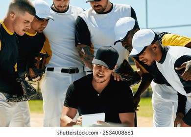 Men, coach and baseball with team for game plan, strategy or meeting in match, tournament or competition. Young, group or players with trainer or referee for instructions, rules or formation on pitch - Powered by Shutterstock