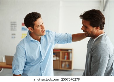 Men, console and crying in office with support, sad and listening for mental health at creative agency. Business people, friends and comfort with care, frustrated and depression at startup in Spain - Powered by Shutterstock