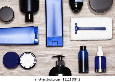 Men Cosmetics Must-haves. Essential Male Grooming Products Flat Lay