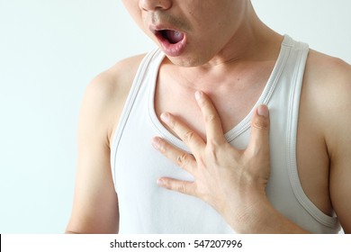 Men With Cough, Men With Acid Reflux Disease Nausea Vomiting On White Background Health And Medical Concept