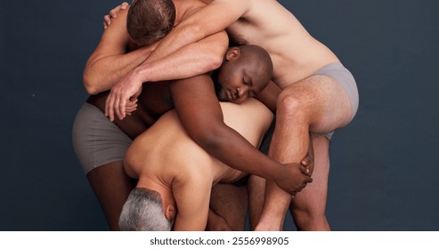 Men, diversity and inclusion with skin in studio for connection, pyramid and support by background. People, group and solidarity with hug, touch and love with body positivity with art for kindness - Powered by Shutterstock