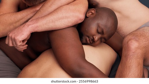 Men, diversity and people with skin in studio for connection, pyramid and support by background. Group, inclusion and solidarity with hug, together and love with body positivity with art for kindness - Powered by Shutterstock