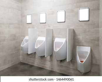 Men Empty Public Toilet Urinal With Blank Advertising Billboards. Grey And White Concept.