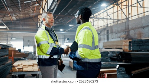 Men, engineer and handshake for carpentry at workshop for partnership, agreement and construction deal. People, shaking hands and welcome for b2b, manufacturing negotiation and onboarding opportunity
